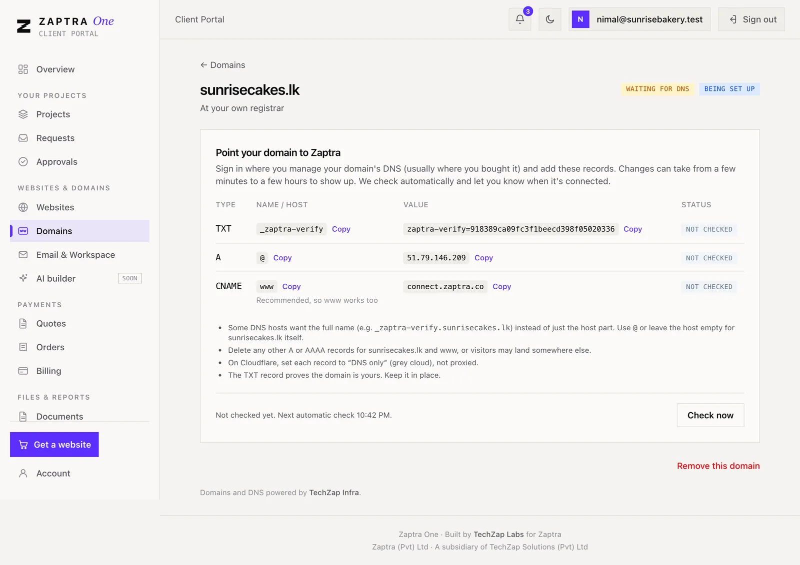Connect your own domain screen with DNS records