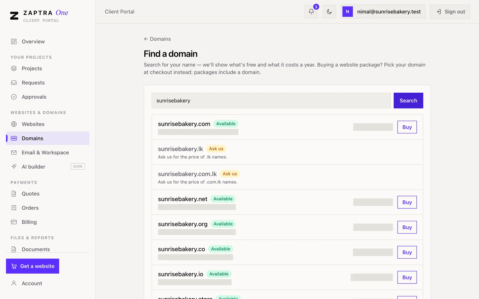 Domain search results with prices in LKR