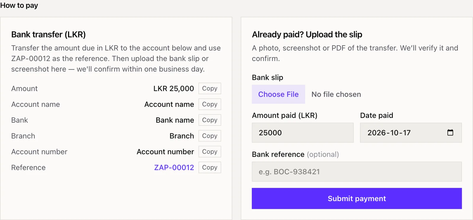 Invoice screen with bank details and slip upload
