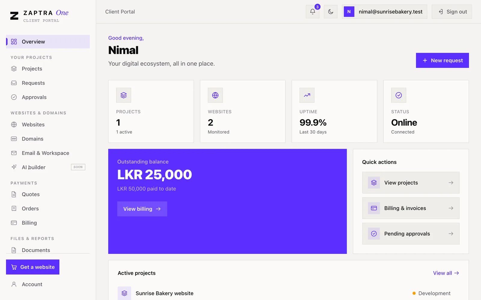 Zaptra One client portal overview screen