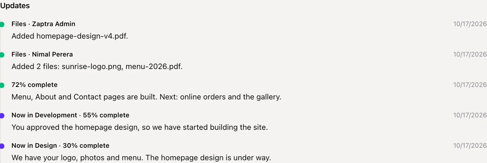 A project's updates timeline in the portal