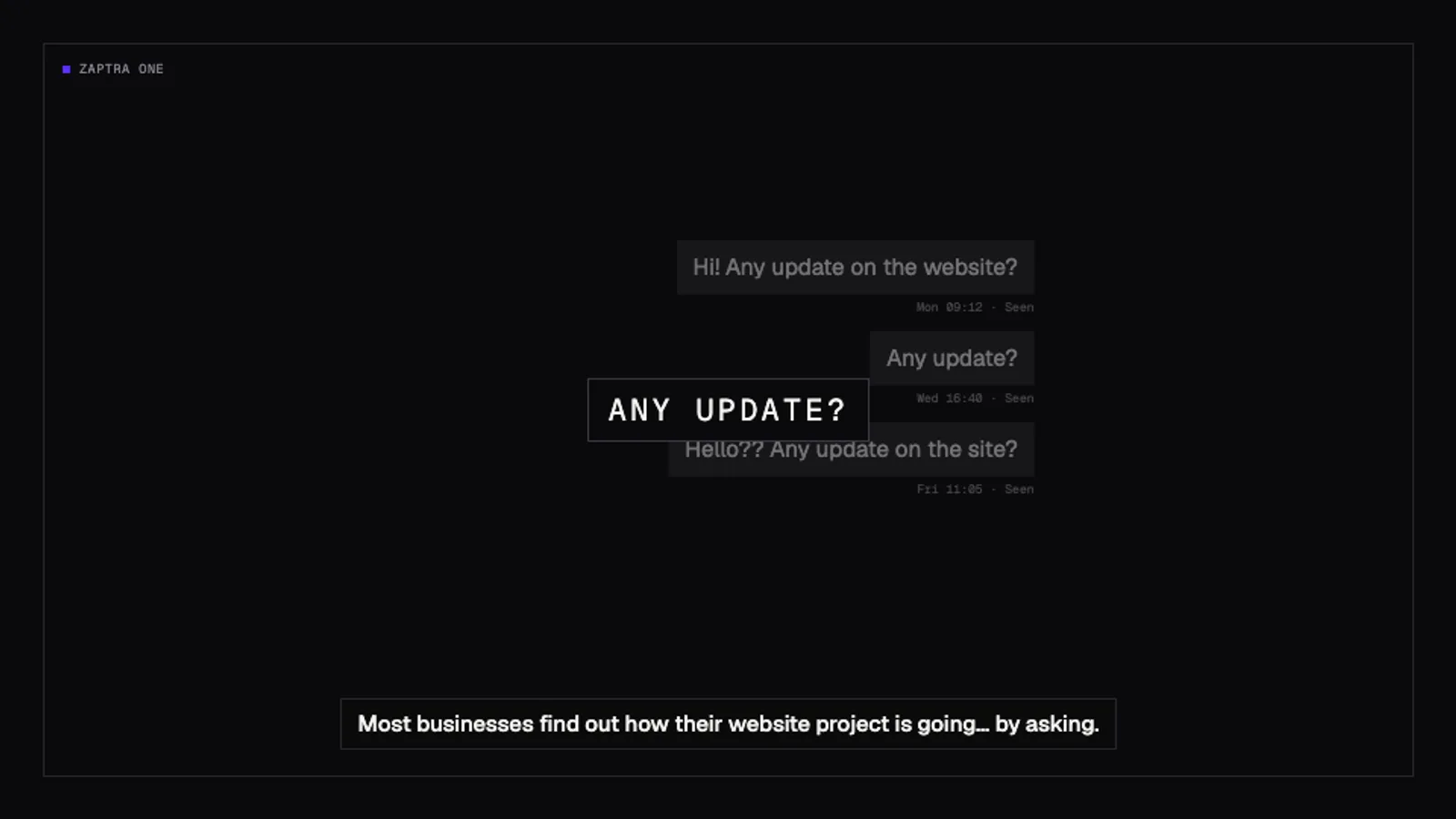 A film still: a client sending repeated 'any update on the website?' messages